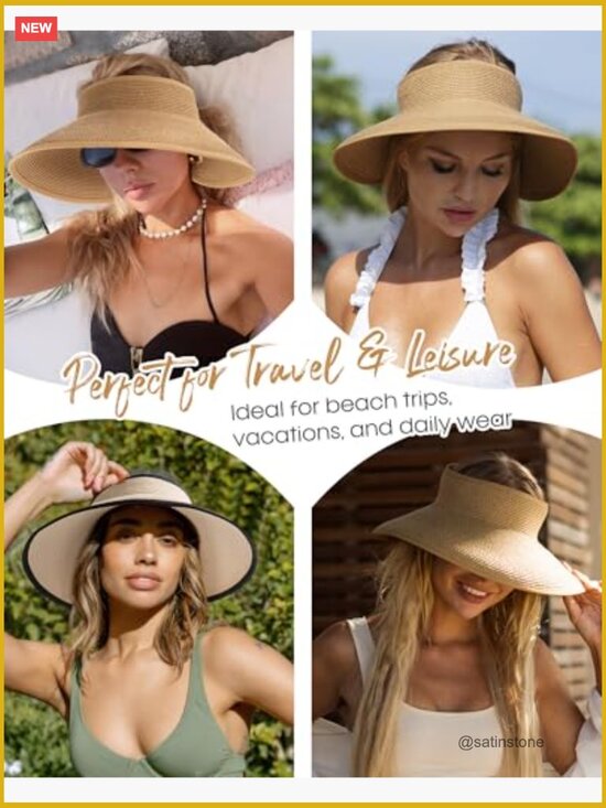 Straw Sun Visor Hat UPF 80+ Wide Brim Ponytail Summer Beach Hat main image 5